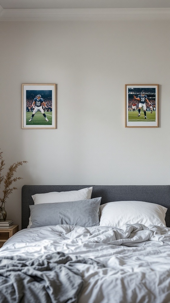 Wall art featuring iconic football scenes in a modern teen boy bedroom