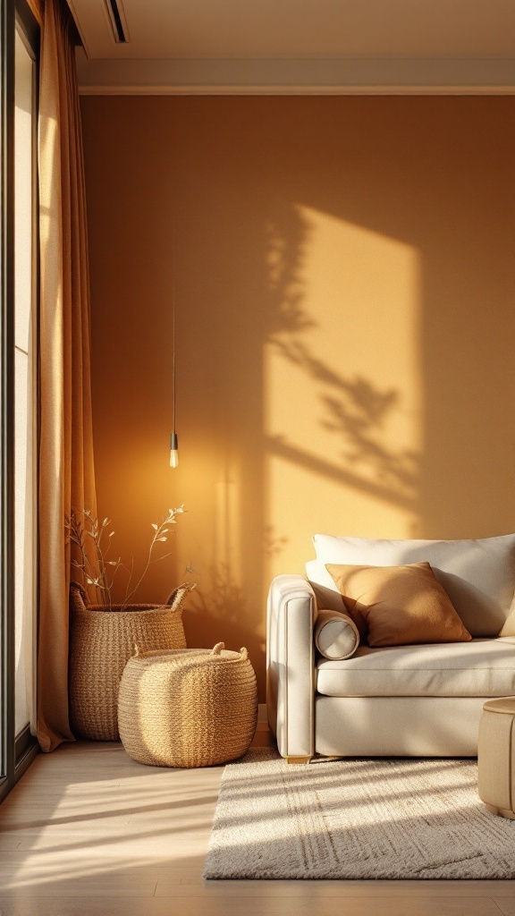 A cozy living room with earthy tones, featuring a beige sofa, woven baskets, and warm sunlight.