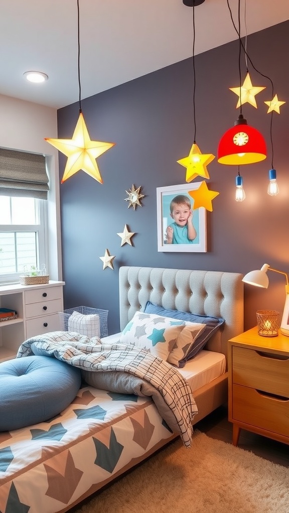 A boys bedroom featuring whimsical star-shaped lighting fixtures and colorful decor.