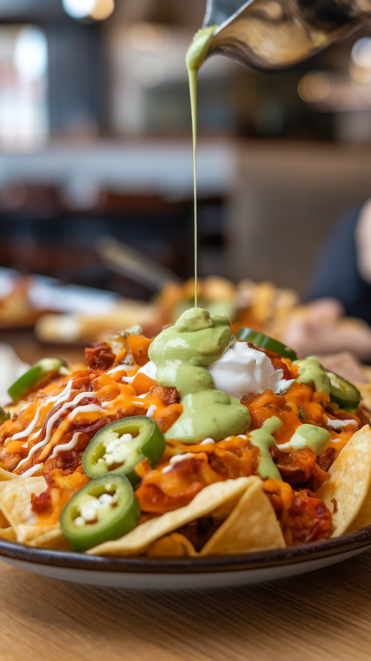 A plate of nachos topped with creamy avocado dressing, jalapeños, and other garnishes.