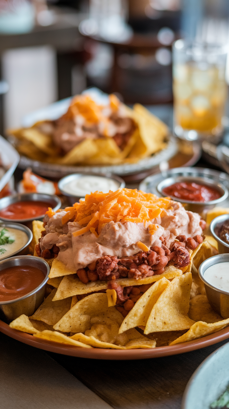A plate of nachos topped with creamy refried beans, cheese, and various sauces.