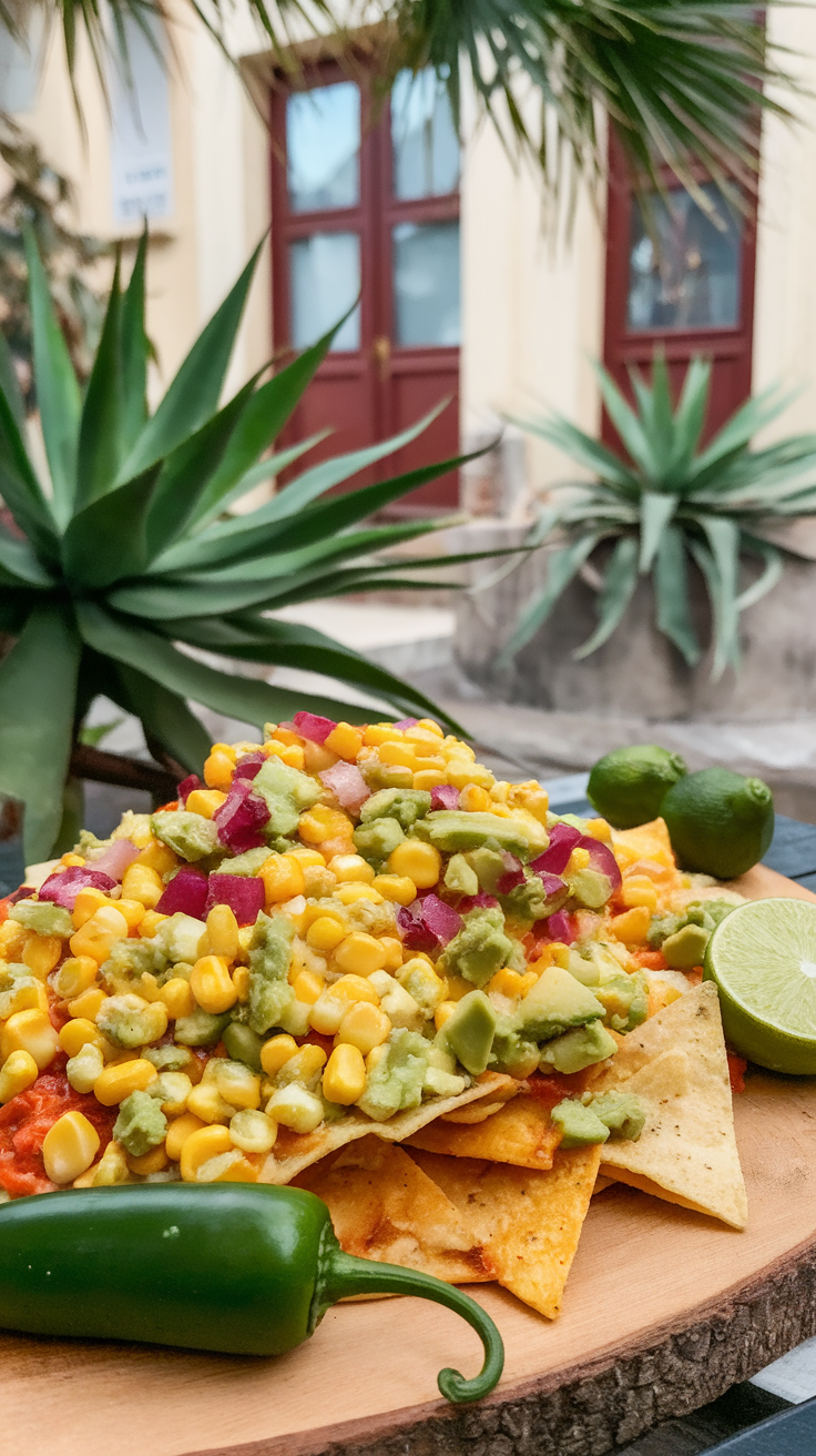 A plate of nachos topped with corn, avocado, diced red onion, and jalapeños, set against a blurred background of plants and a door.