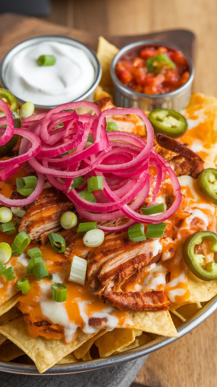 A close-up of nachos topped with shredded chicken, cheese, jalapeños, pickled onions, and serving bowls of sour cream and salsa.