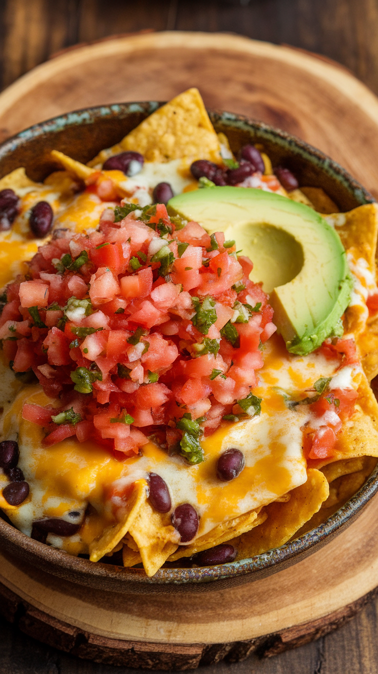 A bowl of nachos topped with cheese, black beans, avocado, and fresh pico de gallo.