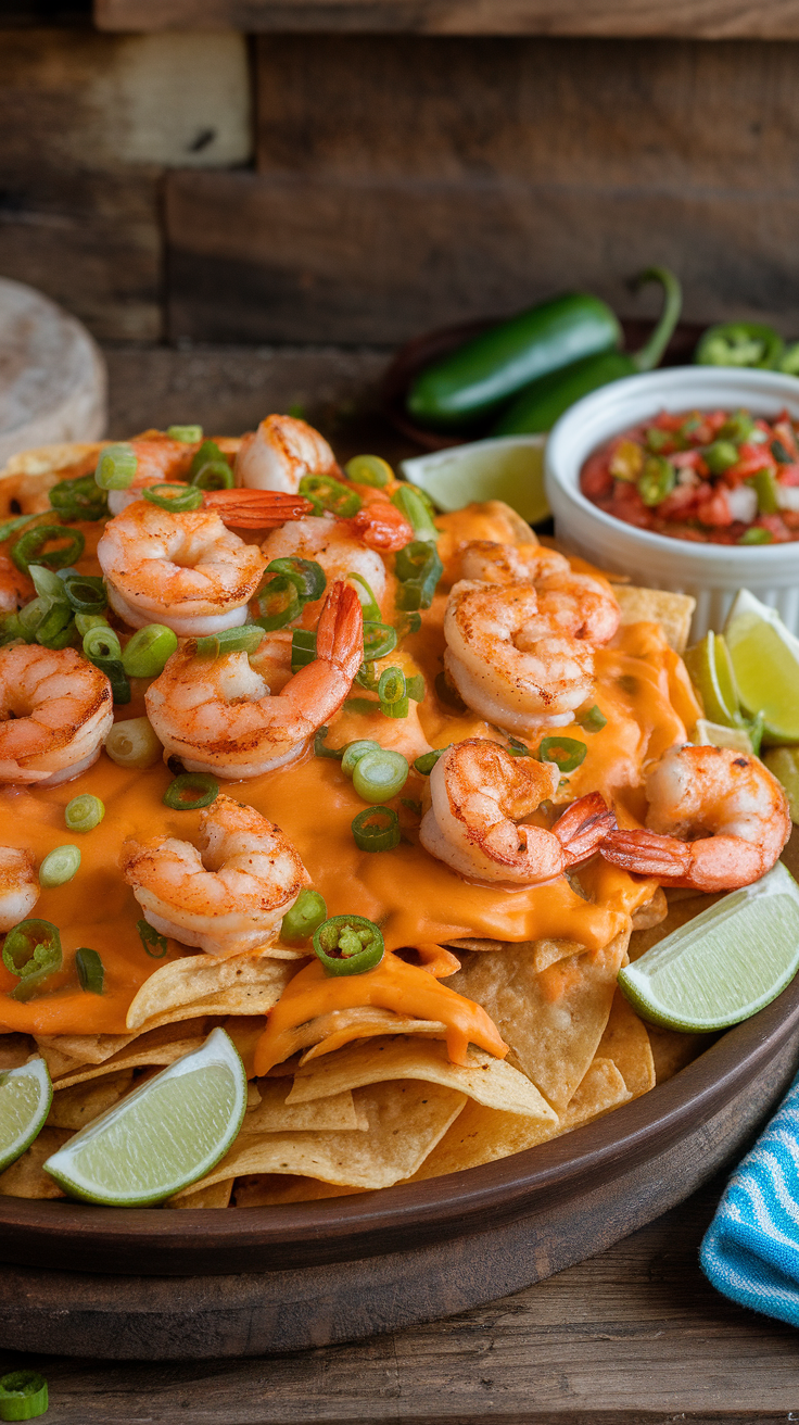 Grilled shrimp nachos topped with cheese, green onions, and lime wedges on a wooden table.