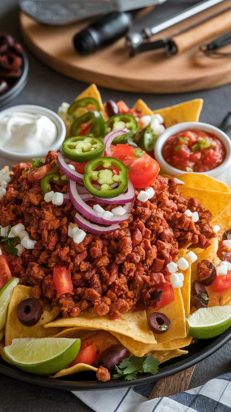 A delicious plate of nachos topped with chorizo sausage, jalapeños, tomatoes, and sour cream.