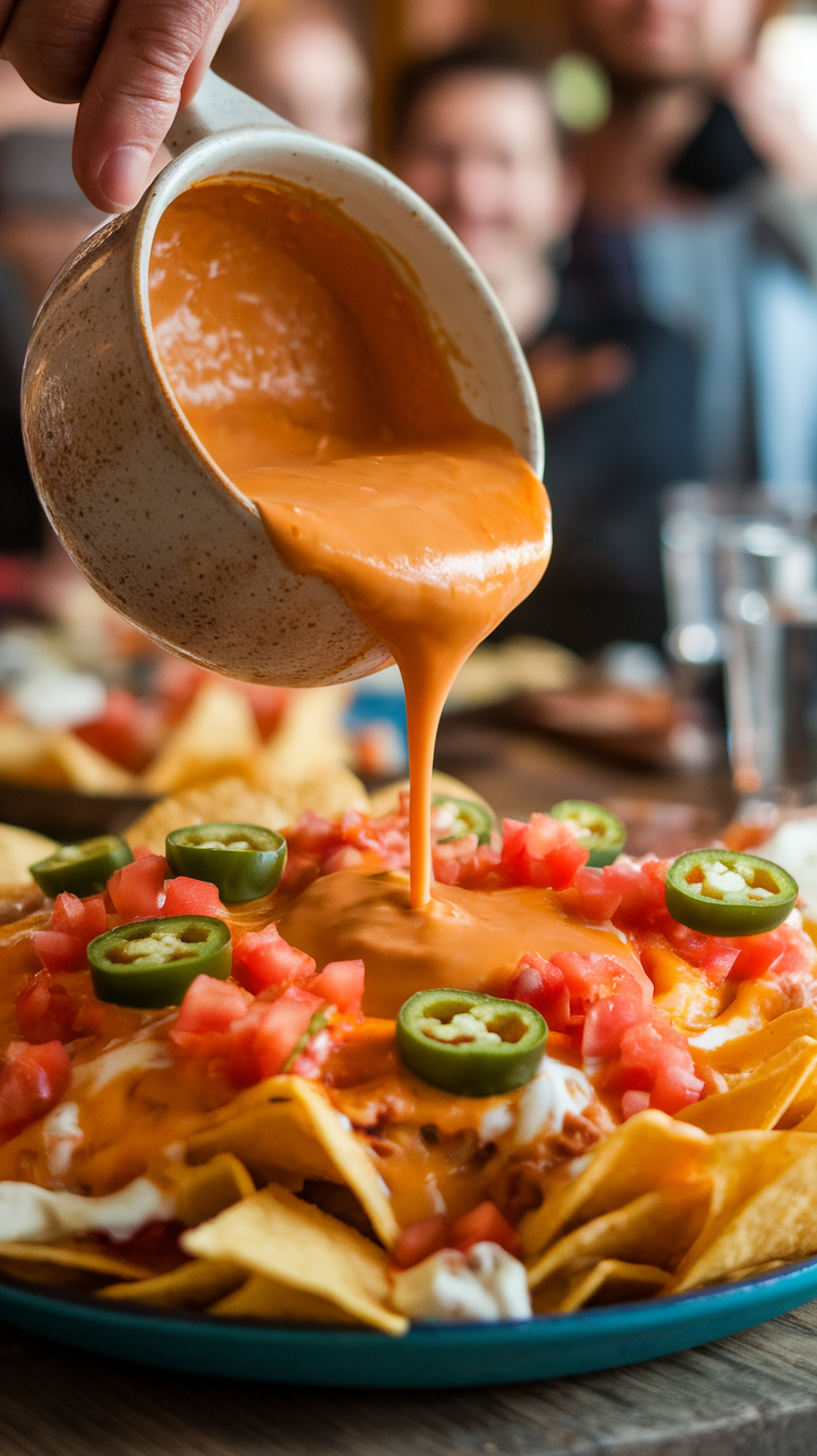 A person pouring melted queso dip over a plate of nachos topped with tomatoes and jalapeños.