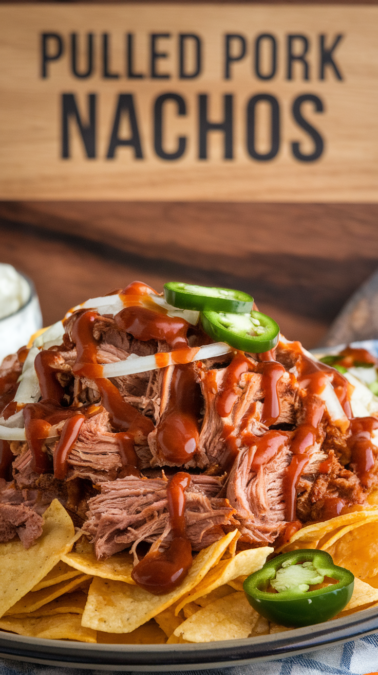 A plate of pulled pork nachos topped with jalapenos and barbecue sauce.