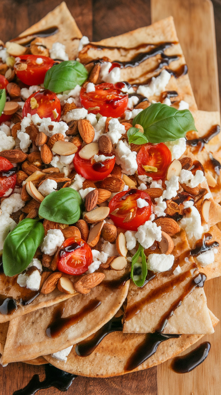 A plate of nachos topped with almonds, goat cheese, tomatoes, and basil.