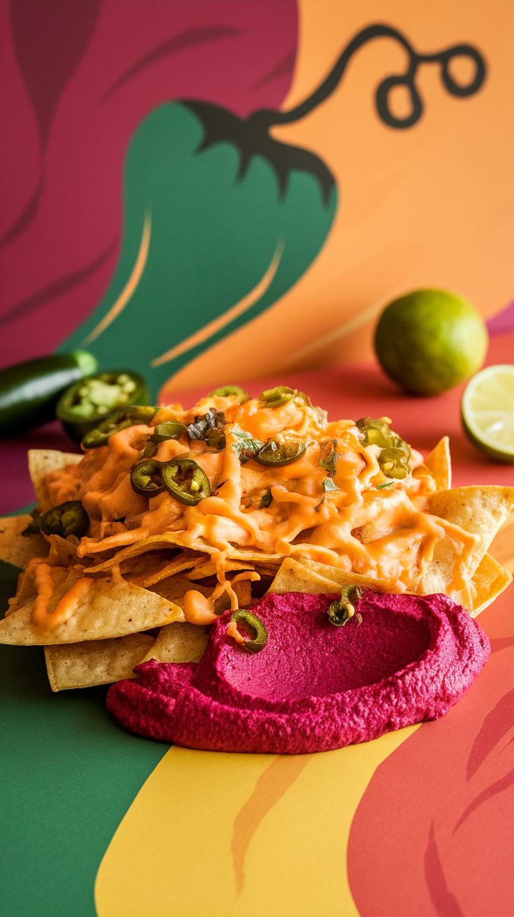 A colorful plate of nachos topped with melted cheese, jalapeños, and a side of rich beet hummus.