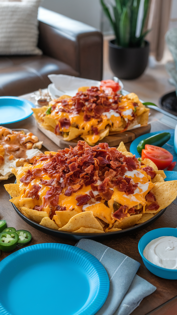 A close-up of loaded nachos with cheddar cheese and bacon on a table.