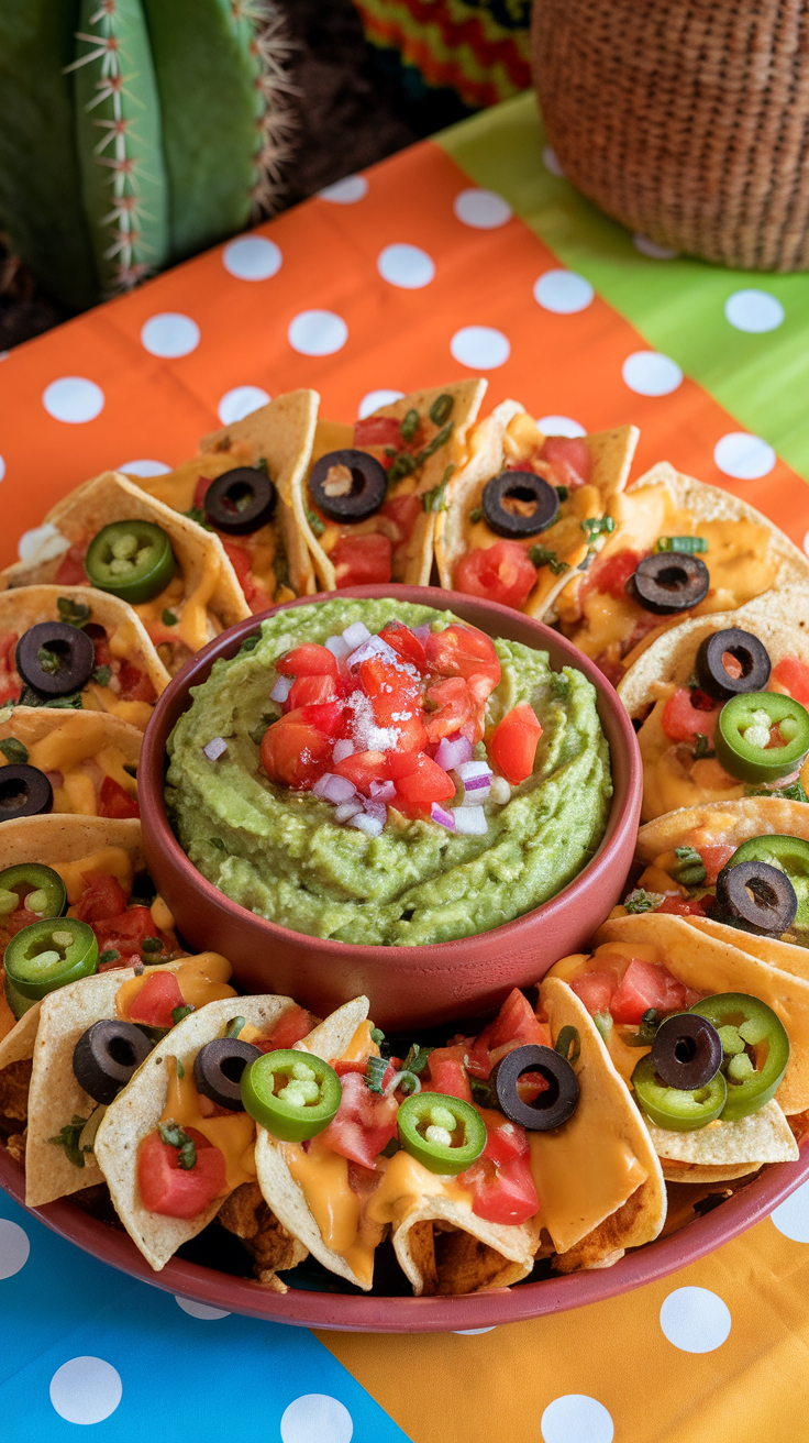 A colorful platter of nachos with a bowl of guacamole in the center, surrounded by toppings like tomatoes, olives, and jalapeños.