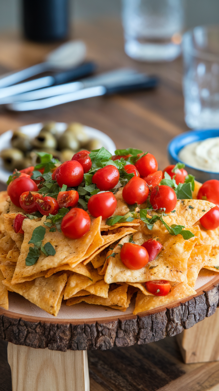 A plate of nachos topped with sliced cherry tomatoes and herbs.