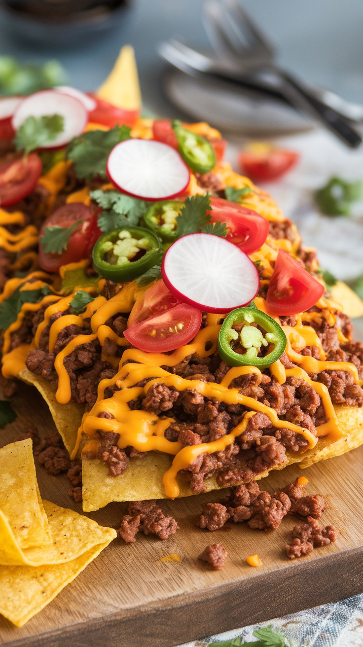 Close-up of nachos topped with ground beef, cheese, sliced radishes, cilantro, and tomatoes.