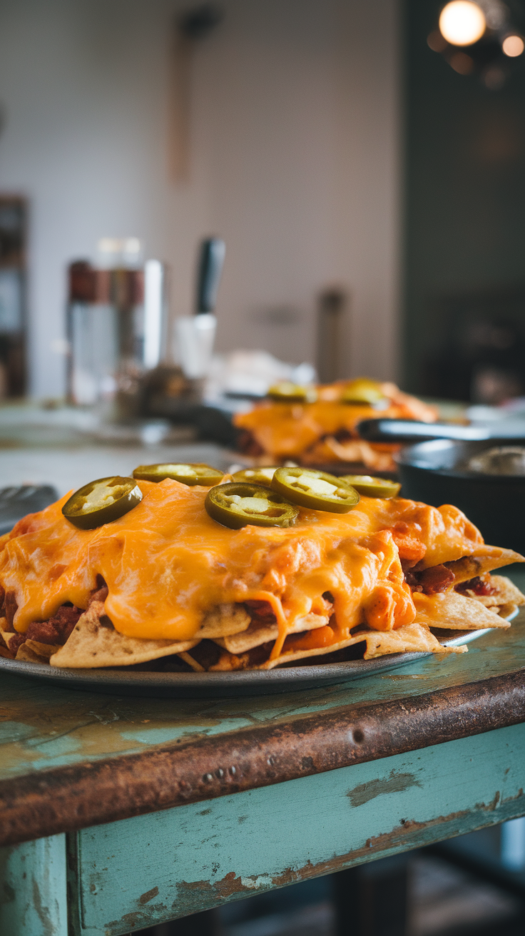 A plate of nachos topped with jalapeños and cheese.