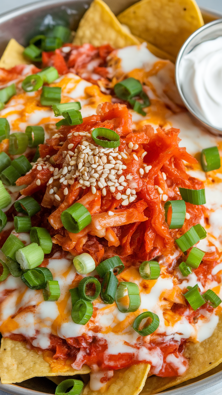 A close-up of nachos topped with spicy kimchi, cheese, green onions, and a side of sour cream.