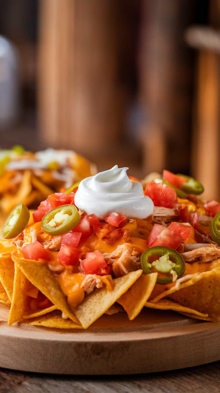 A plate of nachos topped with melted cheese, diced tomatoes, jalapeños, and a swirl of sour cream.