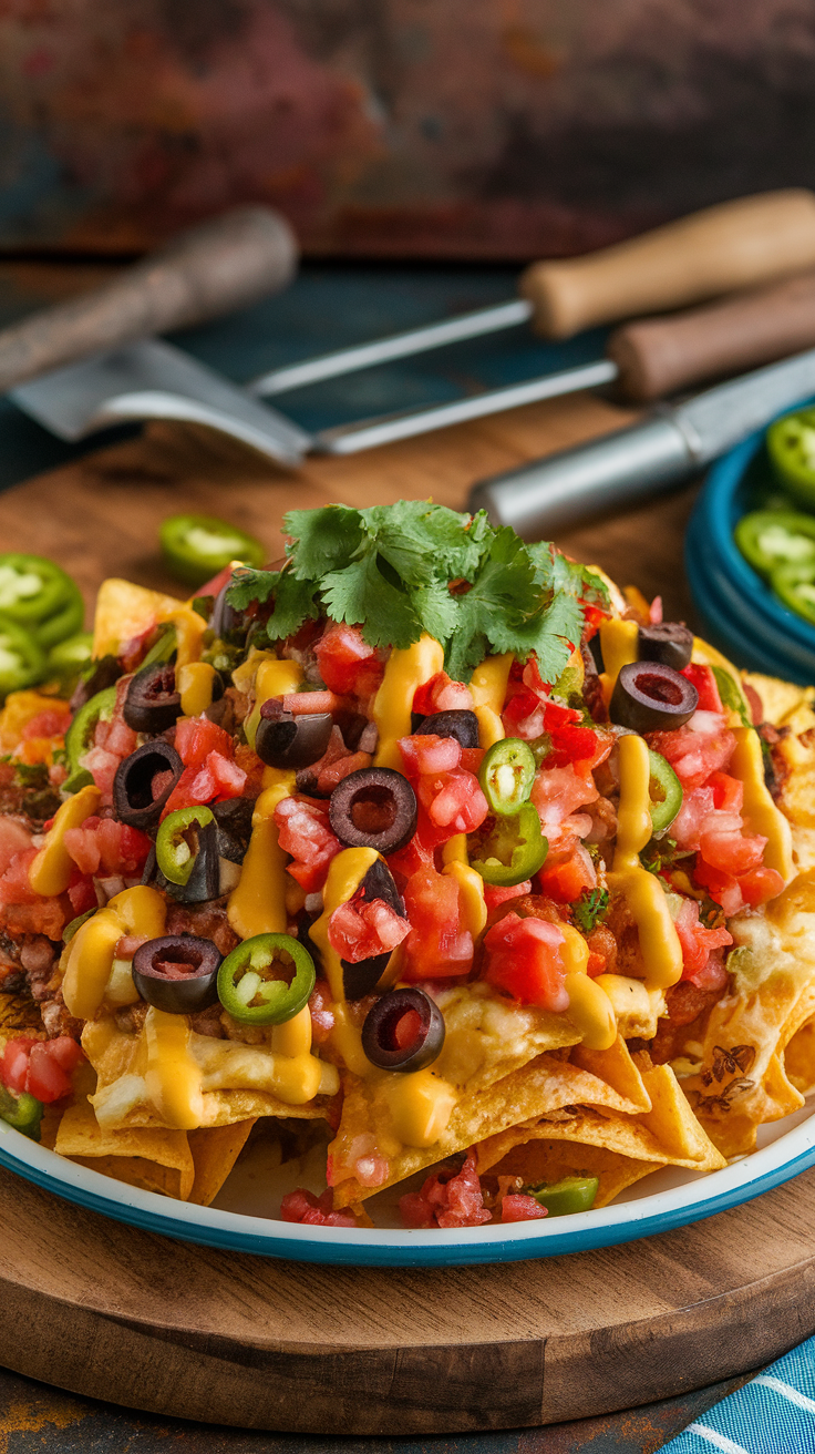 A close-up of nachos topped with cheese, tomatoes, jalapeños, olives, and fresh cilantro.