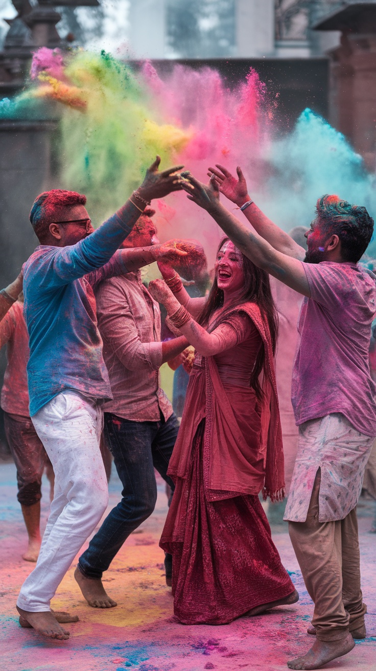 People celebrating Holi Festival of Colors, joyfully throwing colorful powders in the air.