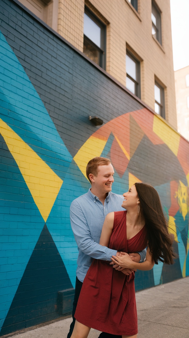 Couple smiling and embracing in front of a colorful mural.