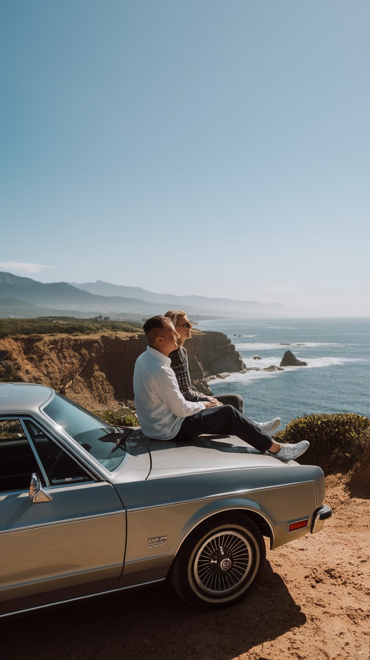 A couple sitting on the hood of a vintage car overlooking the ocean and mountains.