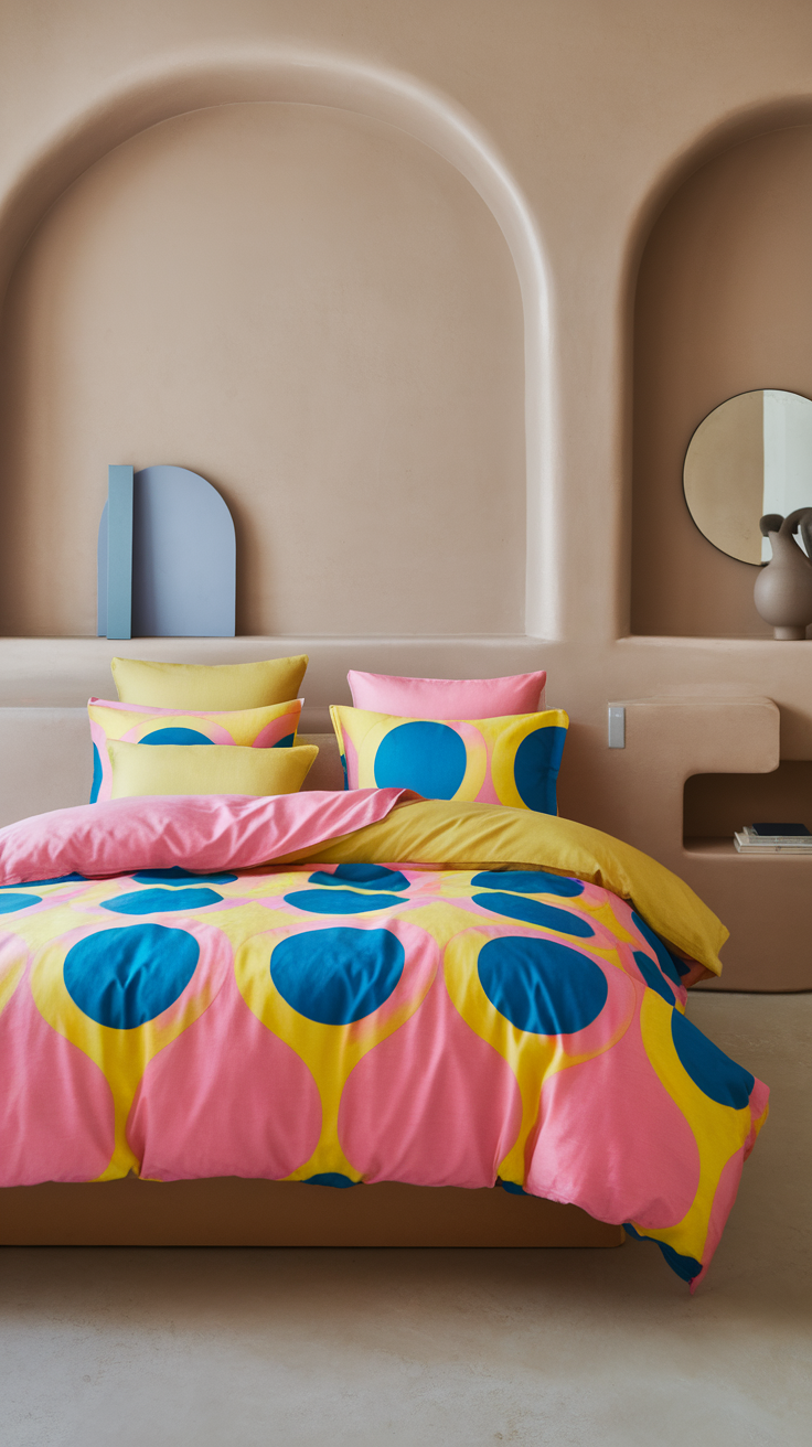 Vibrant bedding with pink, yellow, and blue colors on a bed.