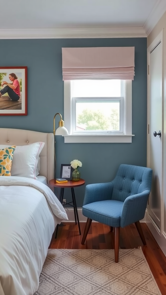 Cozy bedroom with blue accent chair, side table, and decorative items.