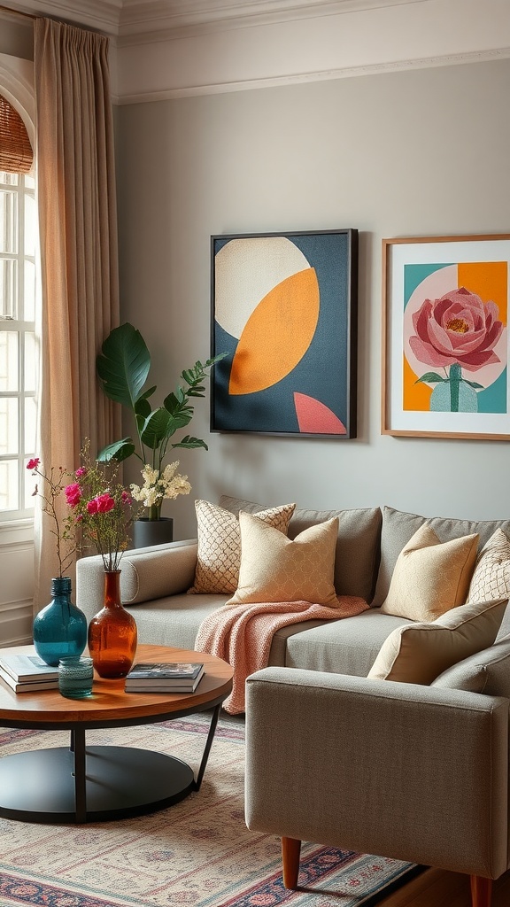 Cozy living room with layered textiles and colorful accent pieces