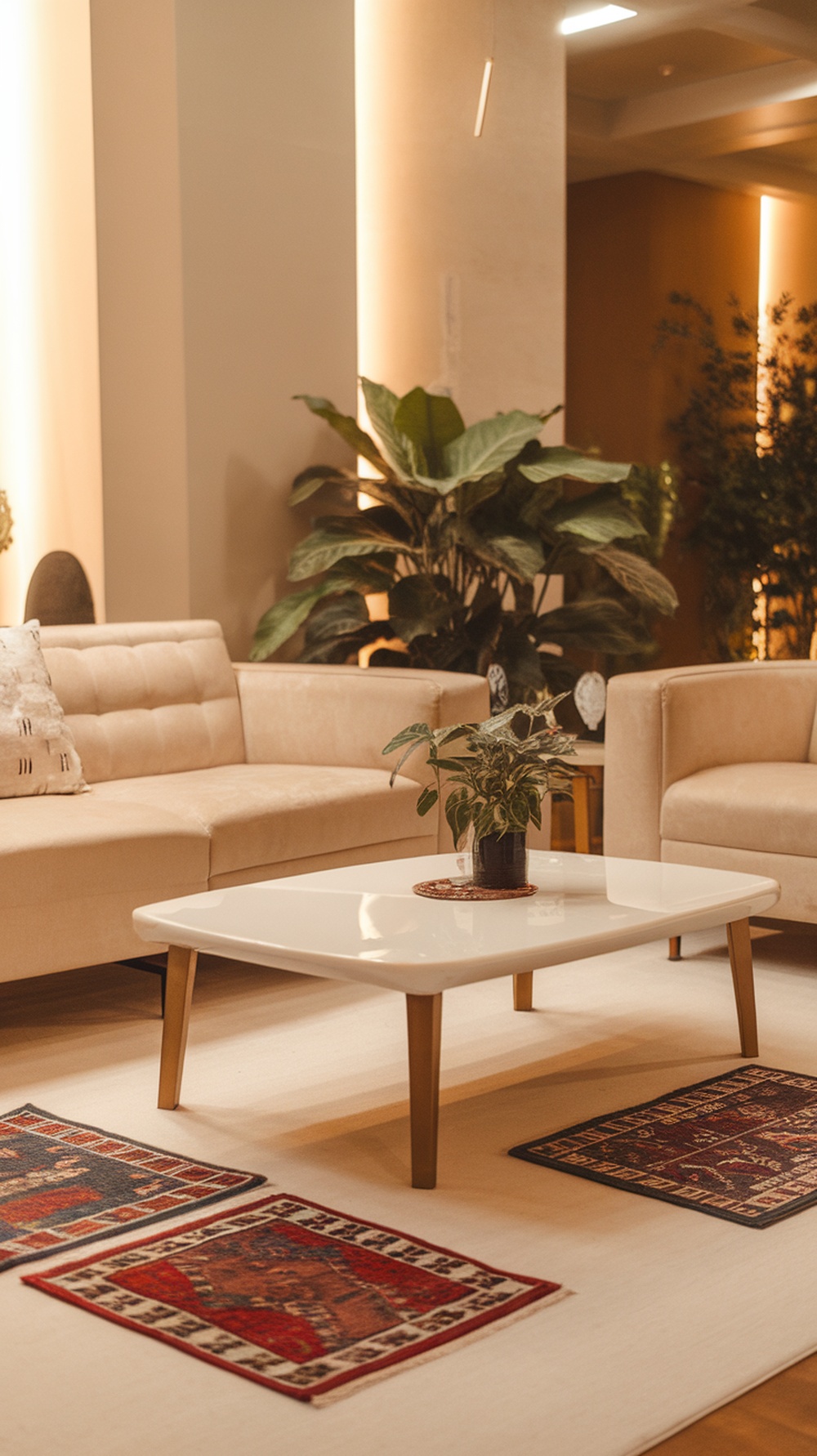 A modern living room featuring a stylish coffee table, plush sofas, and patterned accent rugs.