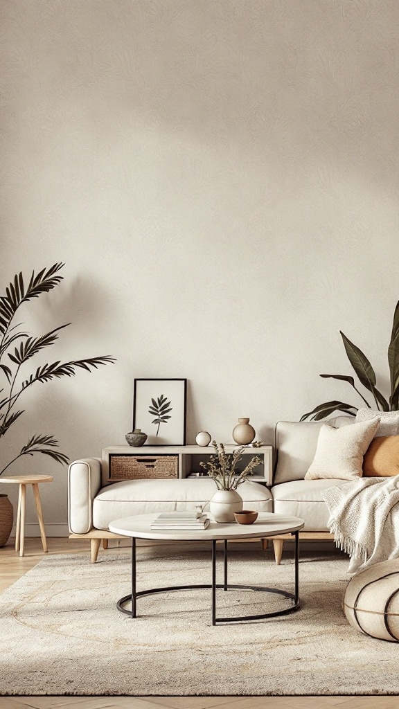 A warm neutral living room featuring a subtle patterned accent wall, light-colored furniture, and decorative plants.