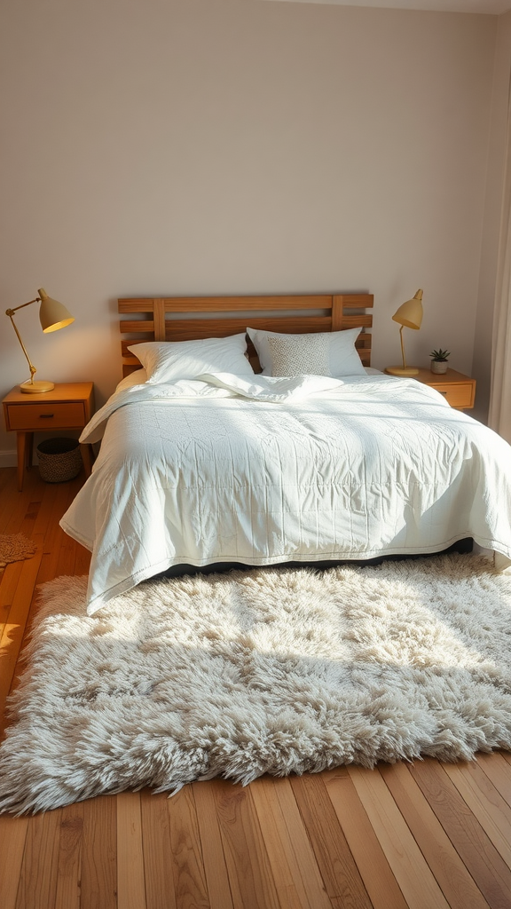 Cozy bedroom featuring a fluffy rug, wooden bed frame, and warm lighting