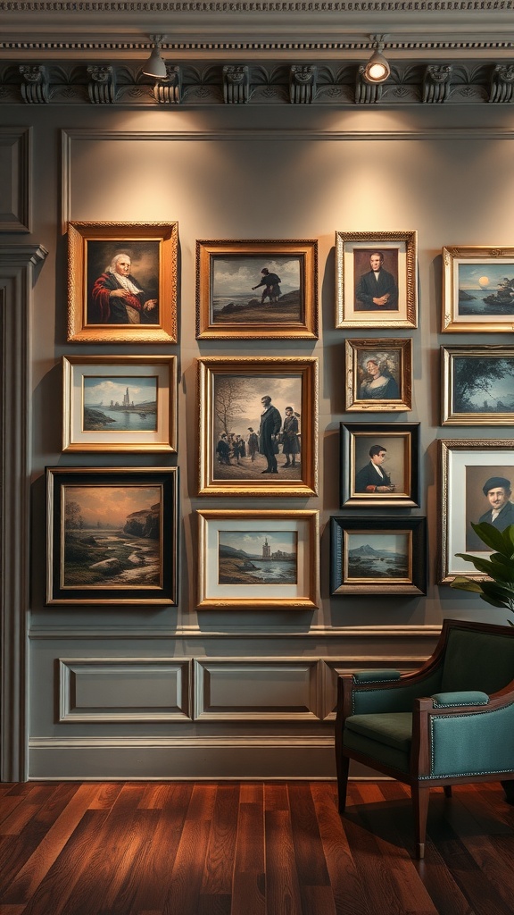 A gallery wall featuring various framed artworks, complemented by a stylish chair.