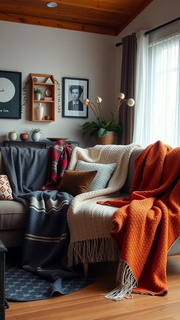 A cozy living room with a couch draped in colorful decorative blankets, showcasing jewel tones and layered textiles.