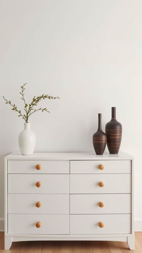 A modern dresser topped with tall vases and decorative accents.