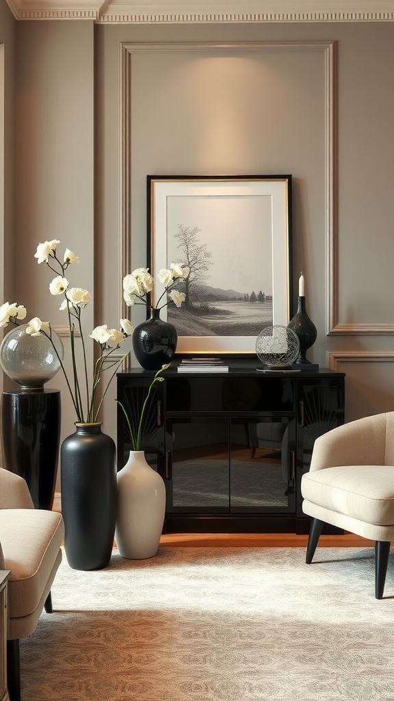 A stylish living room corner with elegant chairs, black and white vases, and a framed artwork.