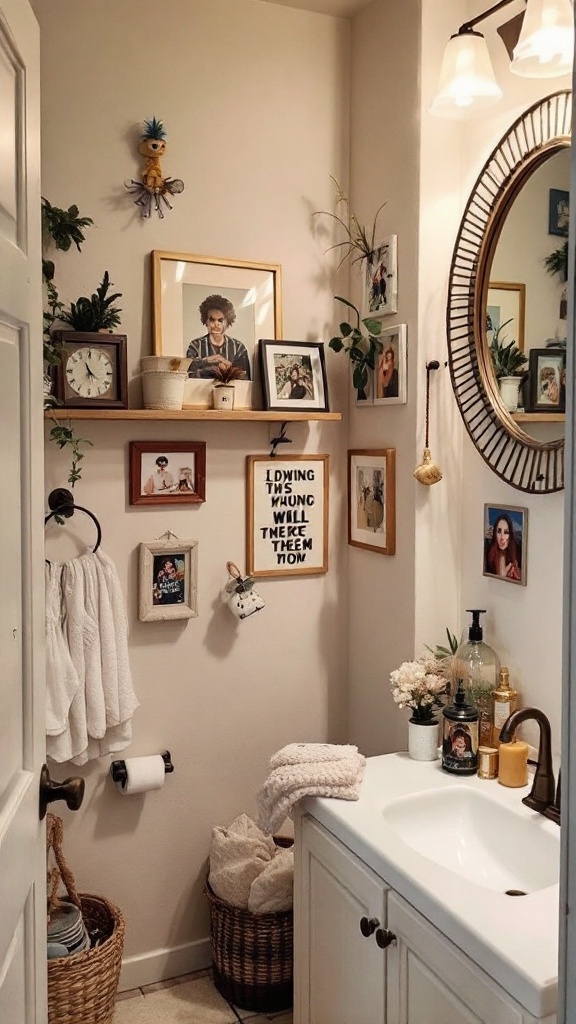 Cozy bathroom with personal touches including framed photos, plants, and decorative items.