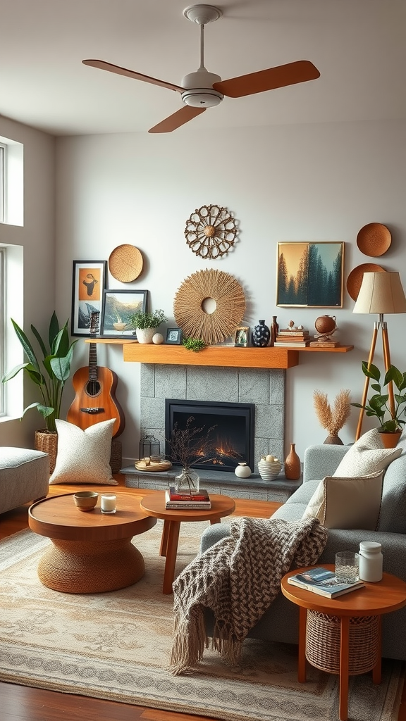 Cozy living room with a guitar, plants, and warm decor