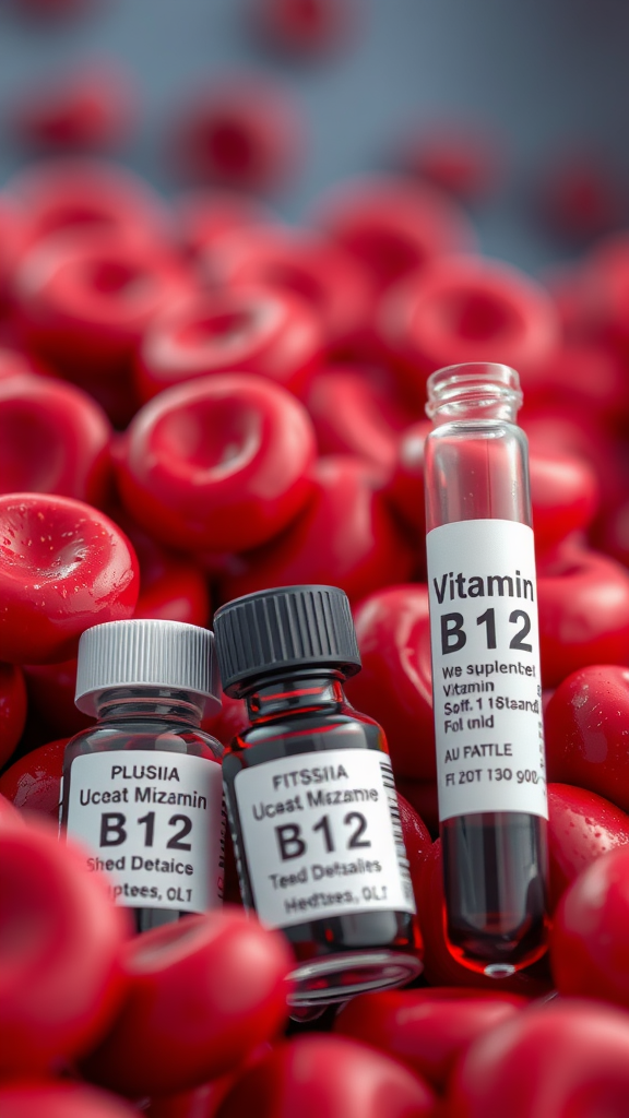 An array of red blood cells with vitamin B12 bottles, highlighting the importance of B12 in red blood cell formation.