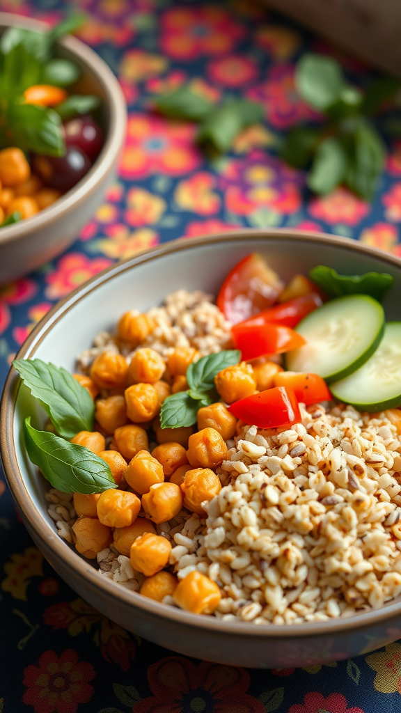 A colorful Buddha bowl with air-fried chickpeas, grains, cherry tomatoes, cucumber, and fresh basil on a vibrant floral background.