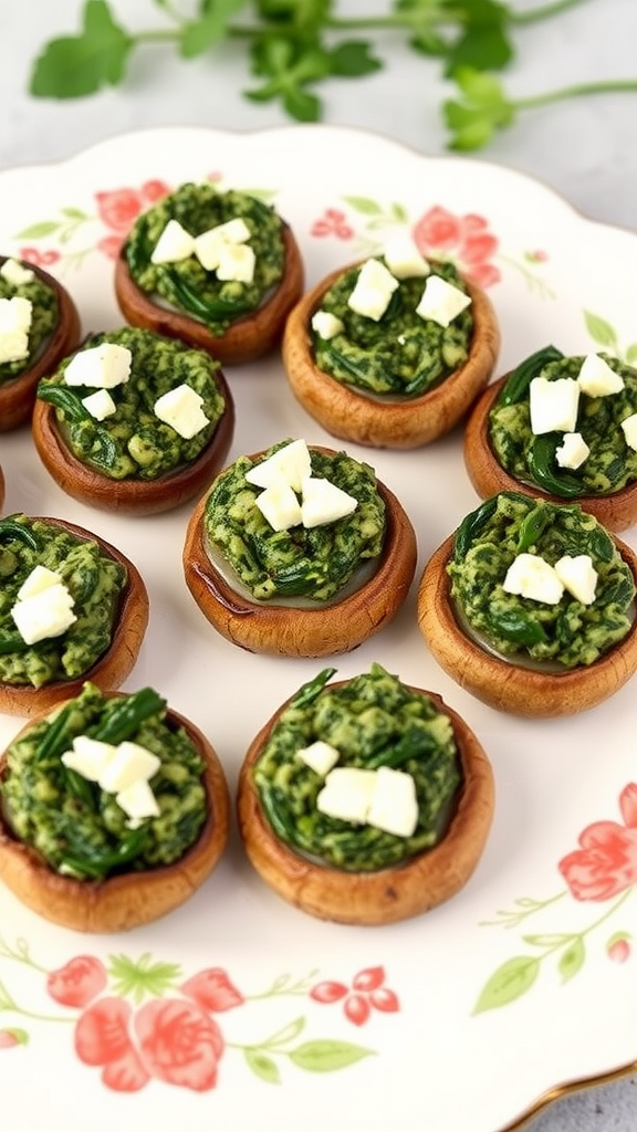 Plate of air fryer spinach and feta stuffed mushrooms topped with feta cheese.