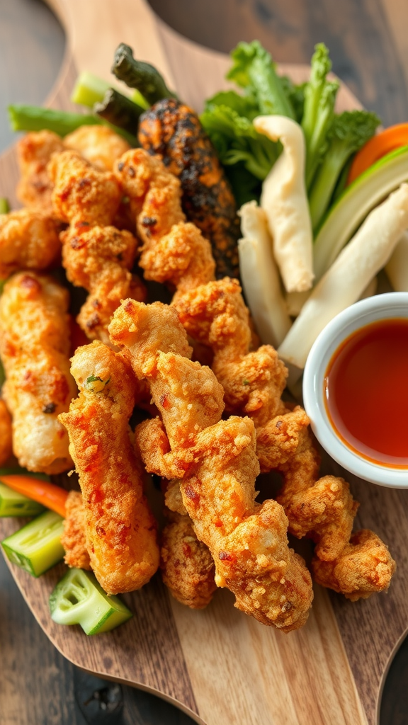 A plate of crispy vegetable tempura with a variety of colorful vegetables and a small bowl of dipping sauce.