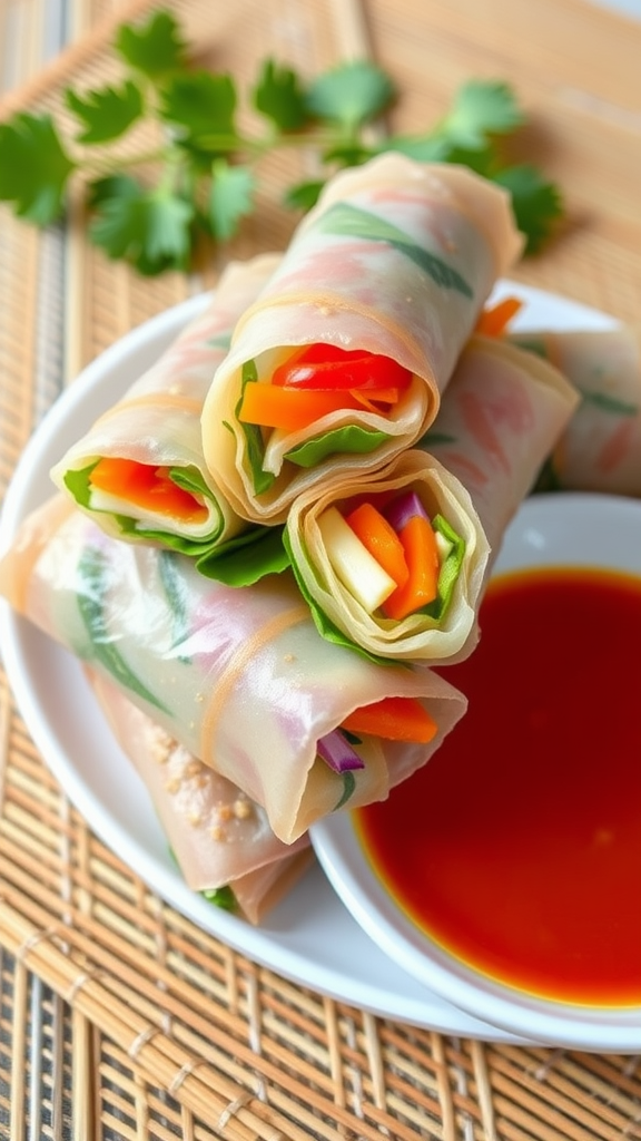 A plate of colorful veggie spring rolls with a side of dipping sauce.