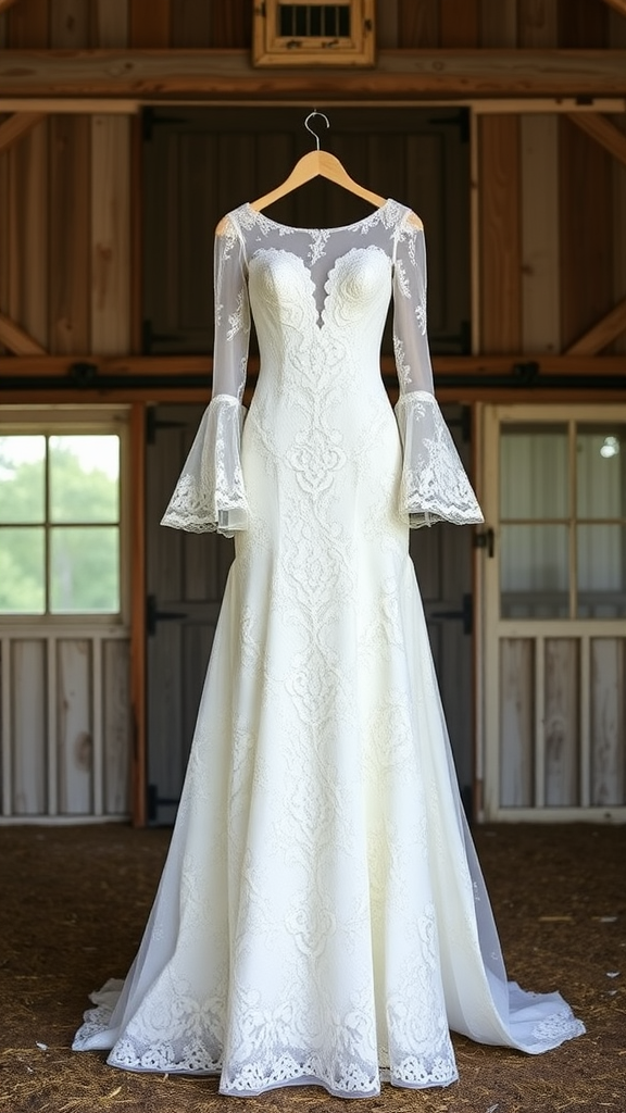 A wedding dress featuring all-over lace and bell sleeves, hanging in a rustic setting.