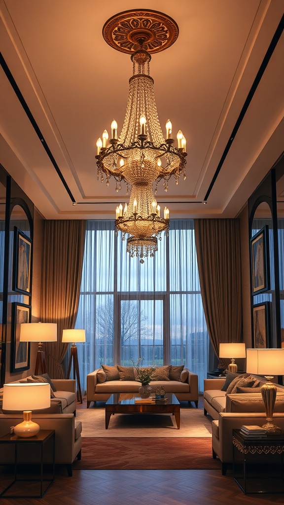 Luxury living room featuring an elegant chandelier, soft lamps, and tall windows with sheer curtains.