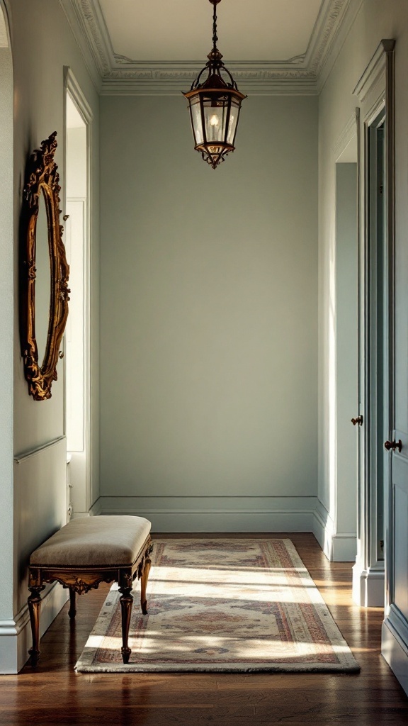 Elegant Victorian hallway featuring a bench, ornate mirror, and a lantern.