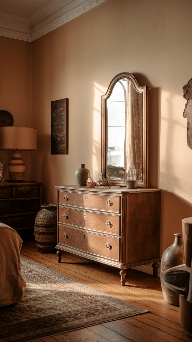 A warm bedroom featuring an antique mirror over a wooden dresser, with soft lighting and rustic decor.