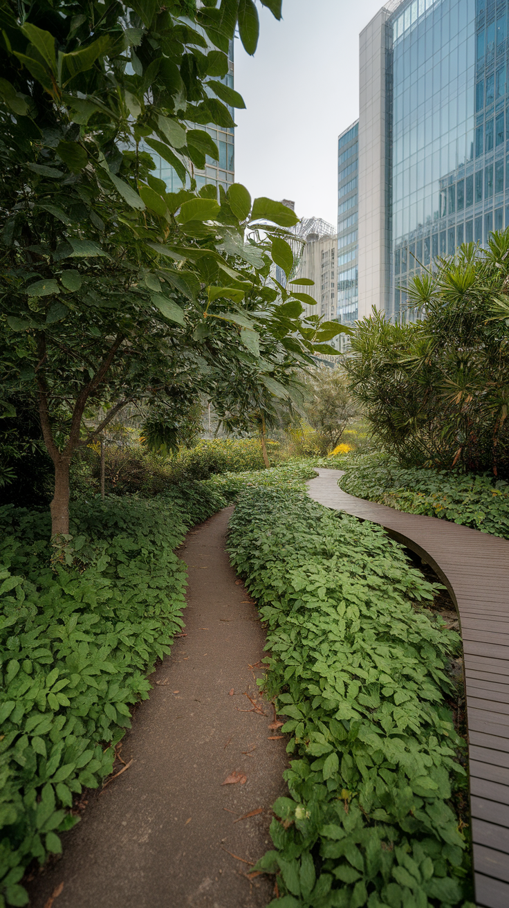 A winding nature path surrounded by lush greenery and tall buildings in Aoyama.