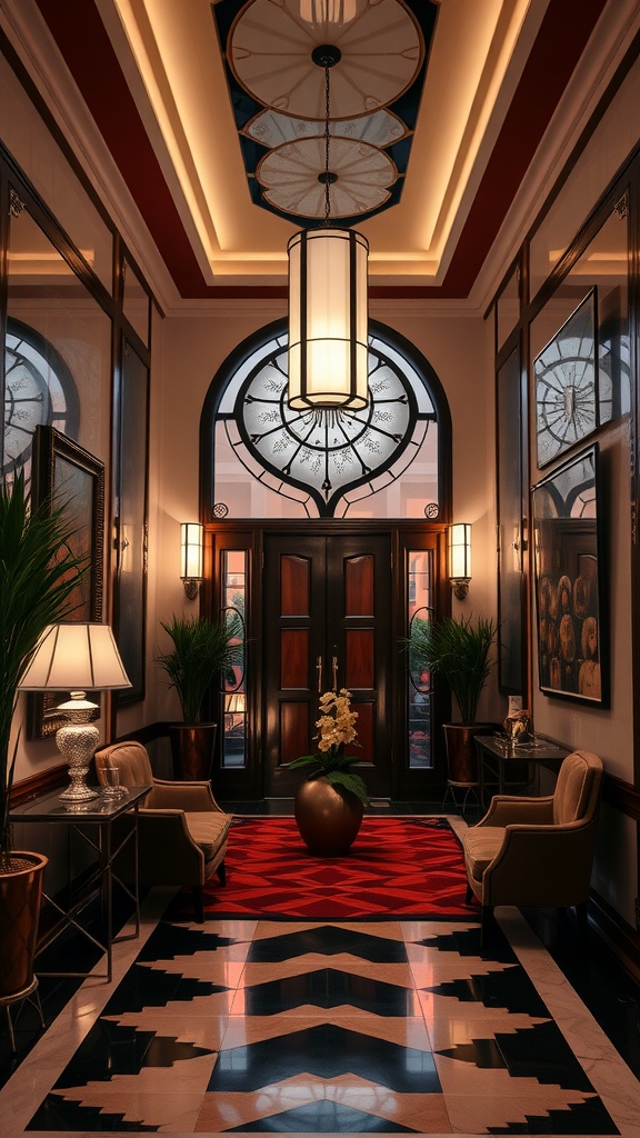 An elegant Art Deco entryway featuring geometric patterns, rich colors, and stylish furnishings.