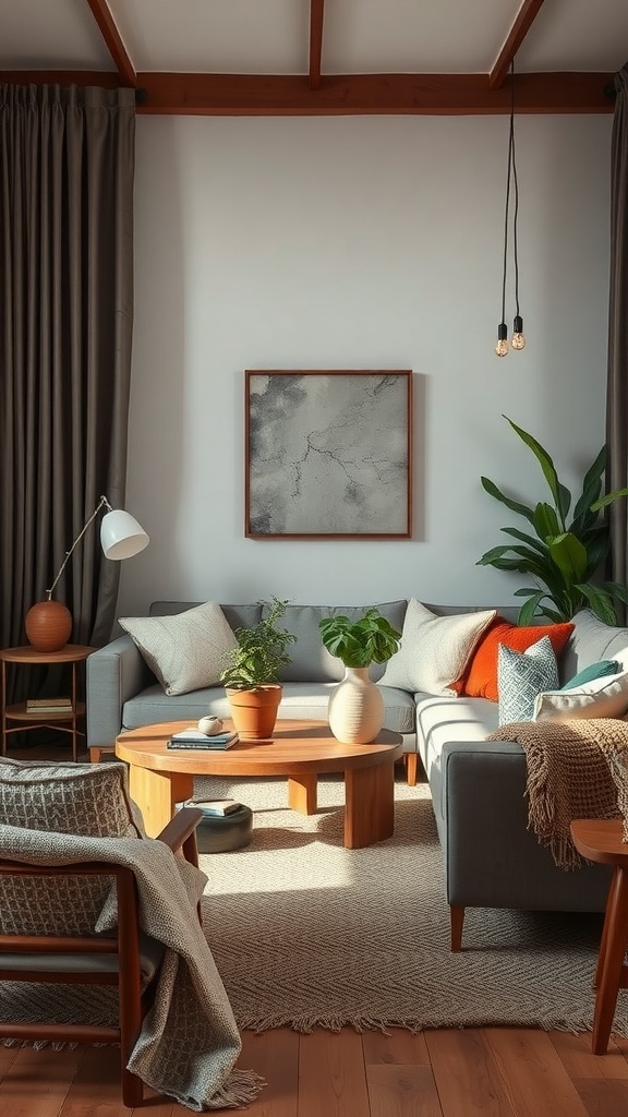 Cozy living room with layered textiles, showcasing a gray couch with colorful pillows, plants, and a wooden coffee table.