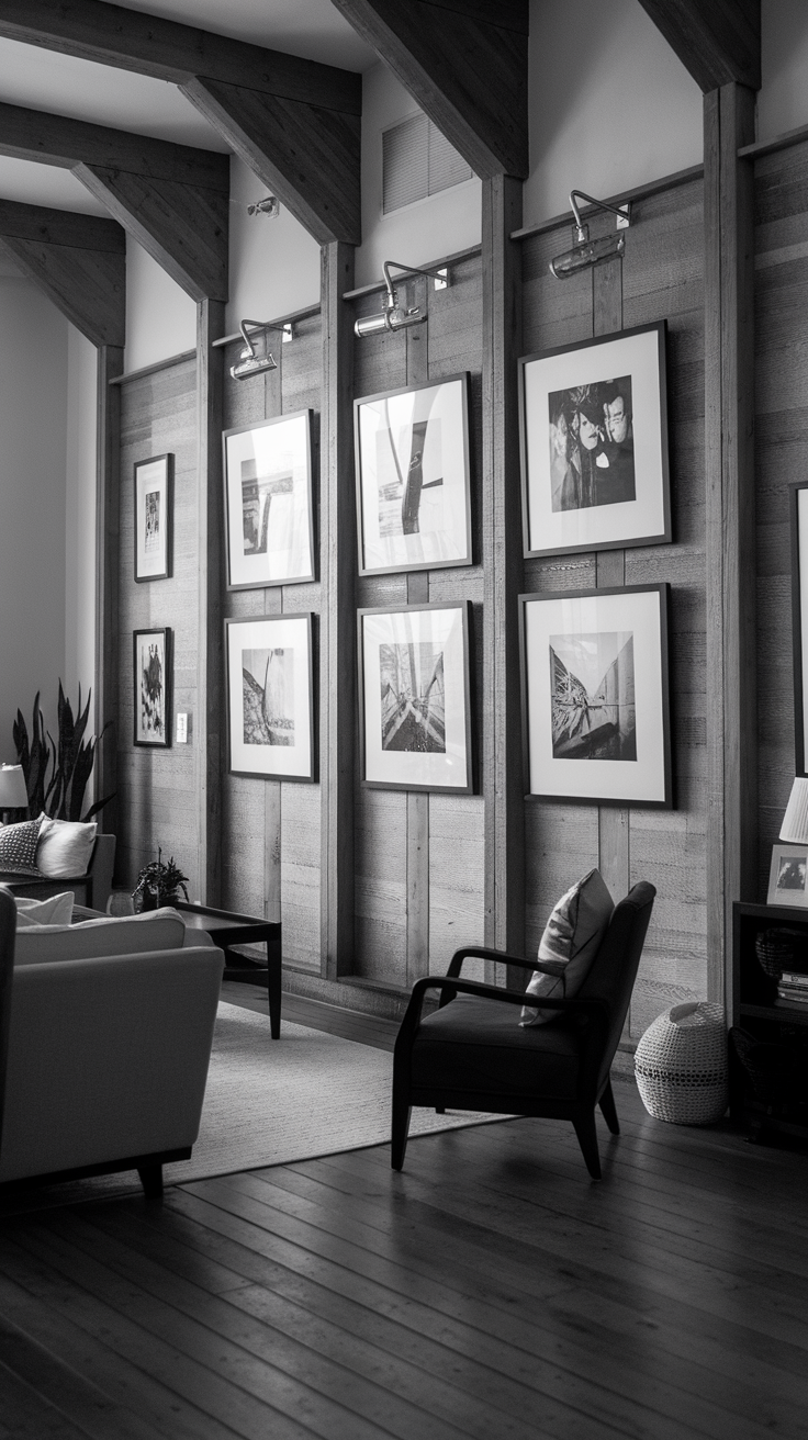 A black and white wall gallery featuring various framed photographs in a stylish living room.